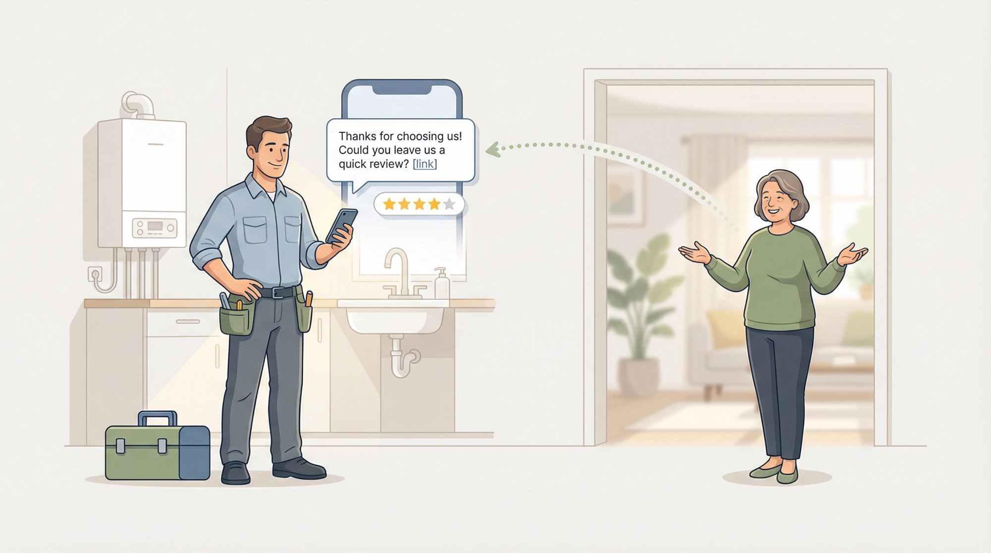 Illustration of a small business owner sending an SMS review request to a happy customer right after completing a service job