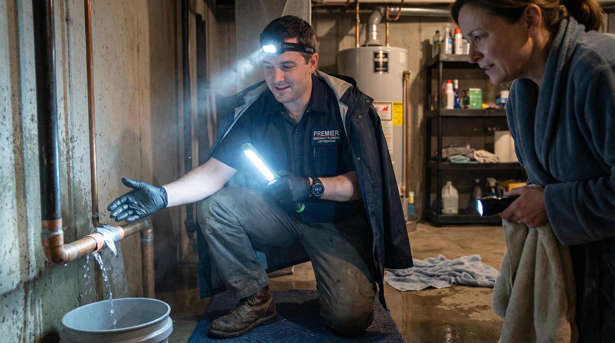 Professional emergency plumber providing calm reassurance to homeowner during late-night water emergency repair