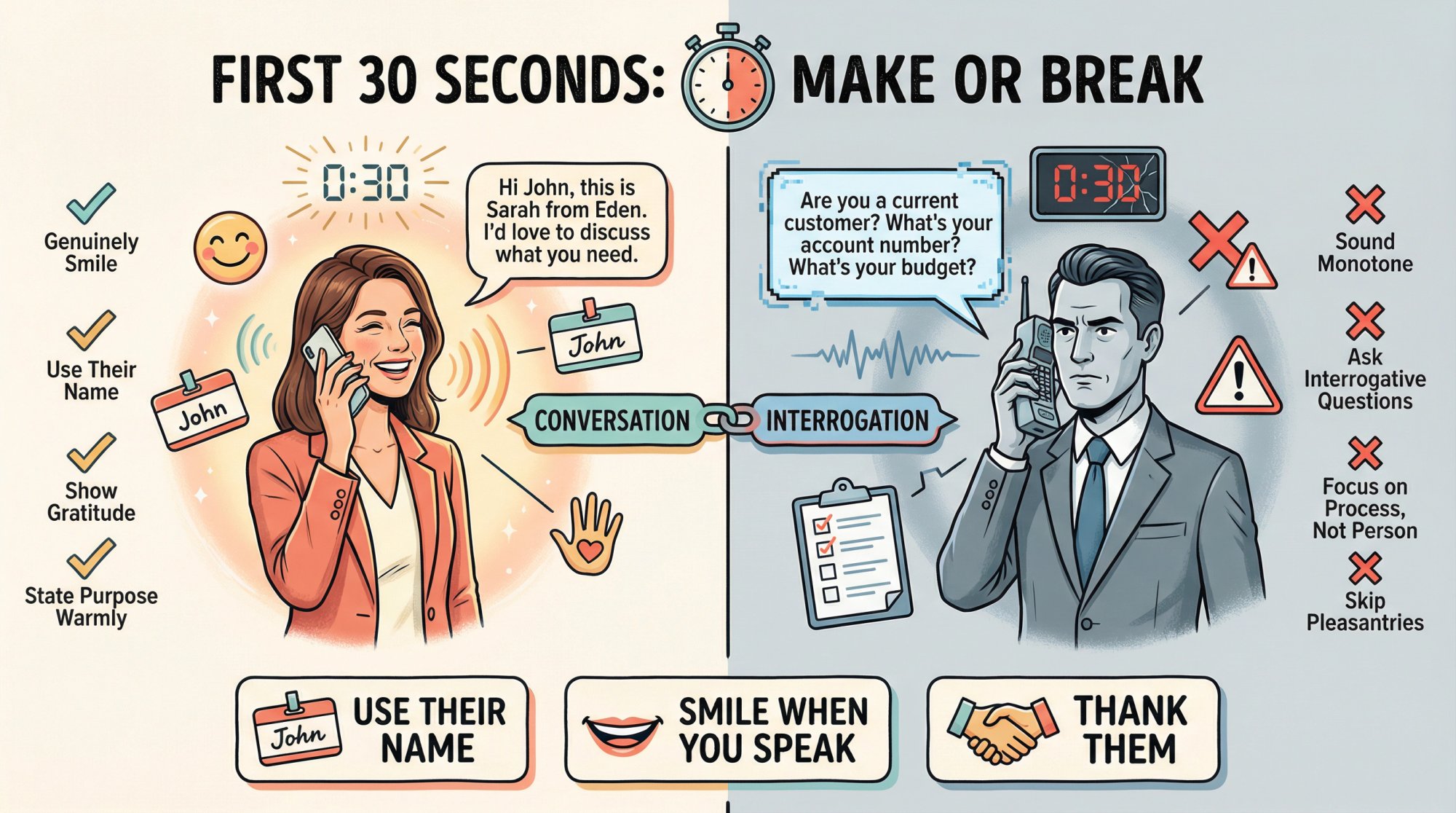 Split-screen comparison showing warm, conversational phone greeting versus cold, robotic interrogation approach