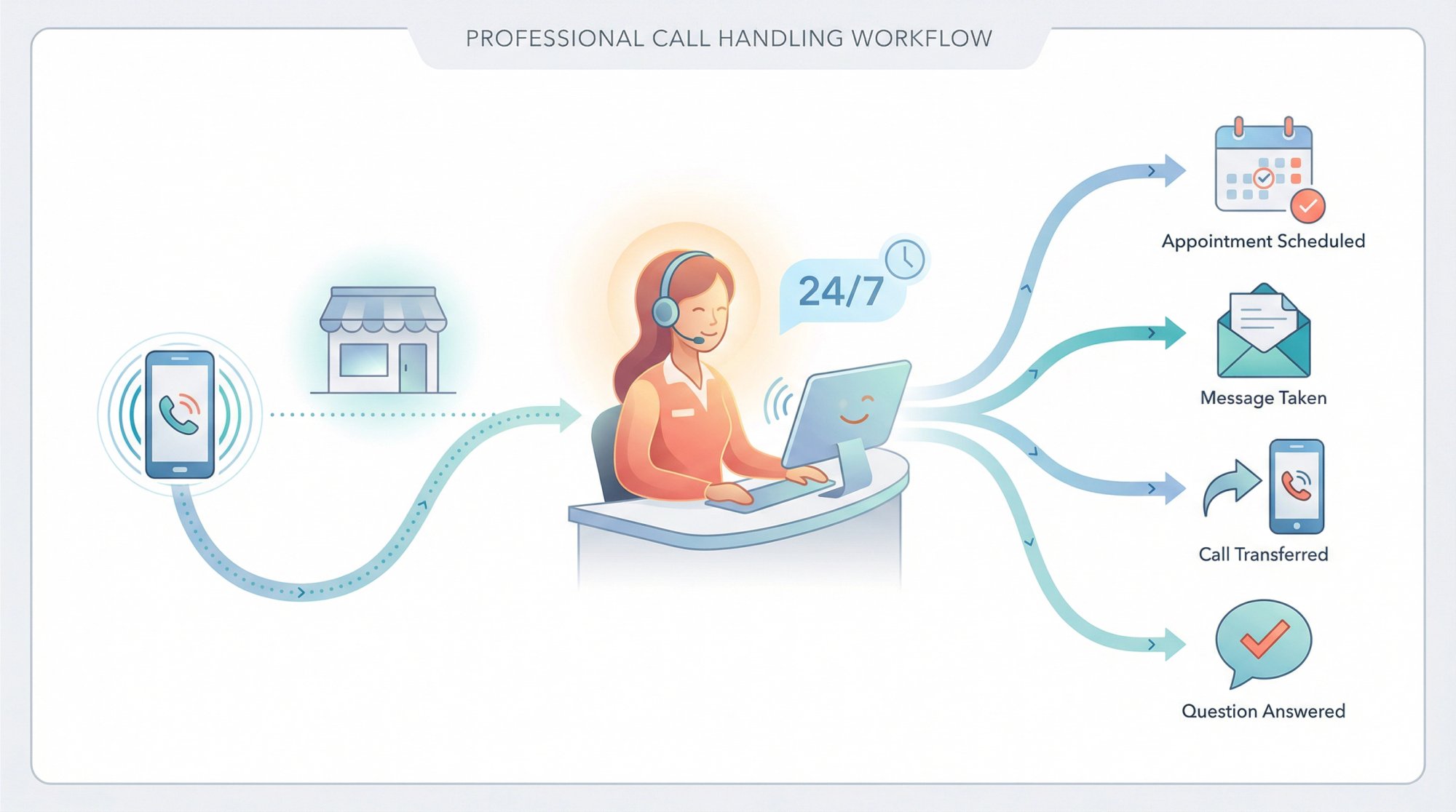Call handling service workflow showing how inbound calls flow from customer to receptionist to resolution outcomes