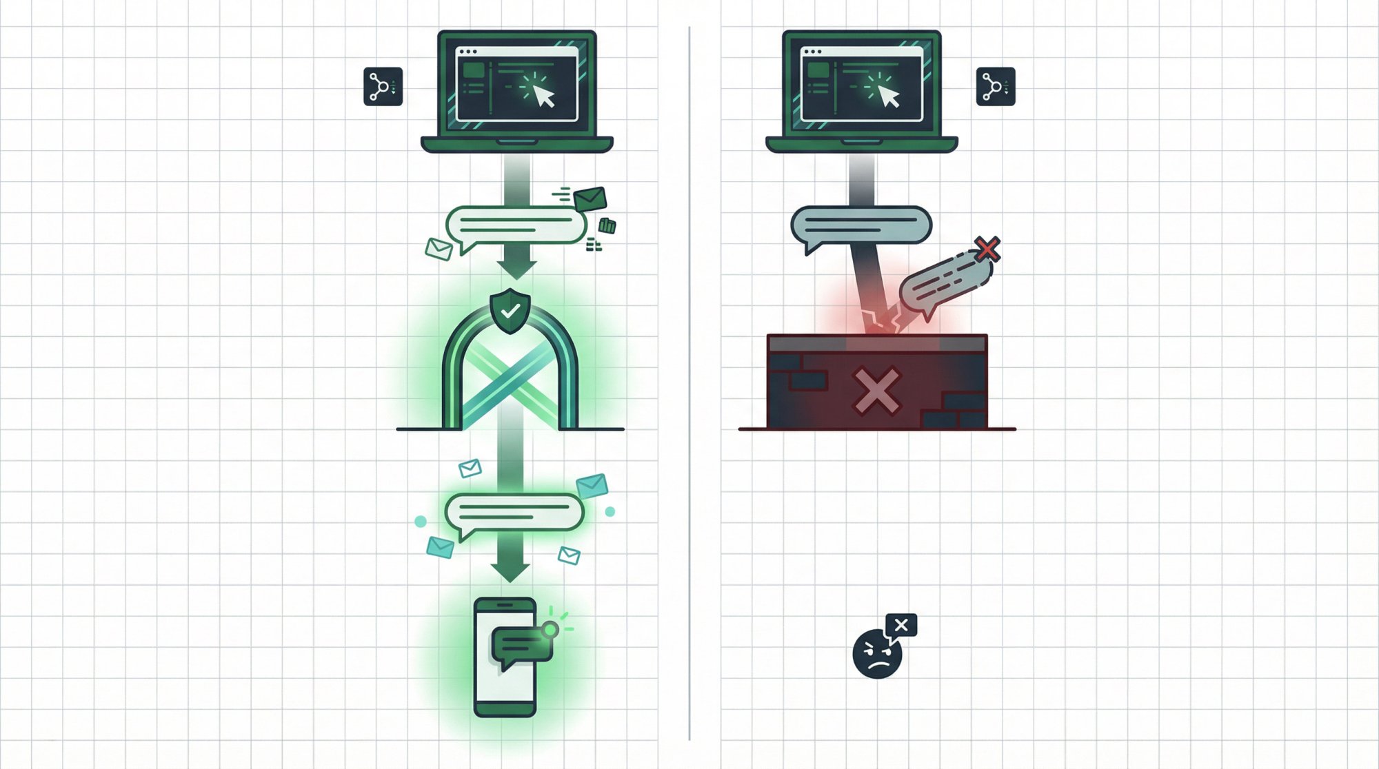 Editorial illustration showing A2P business text message journey through carrier registration gateway to reach customer phones vs blocked unregistered path