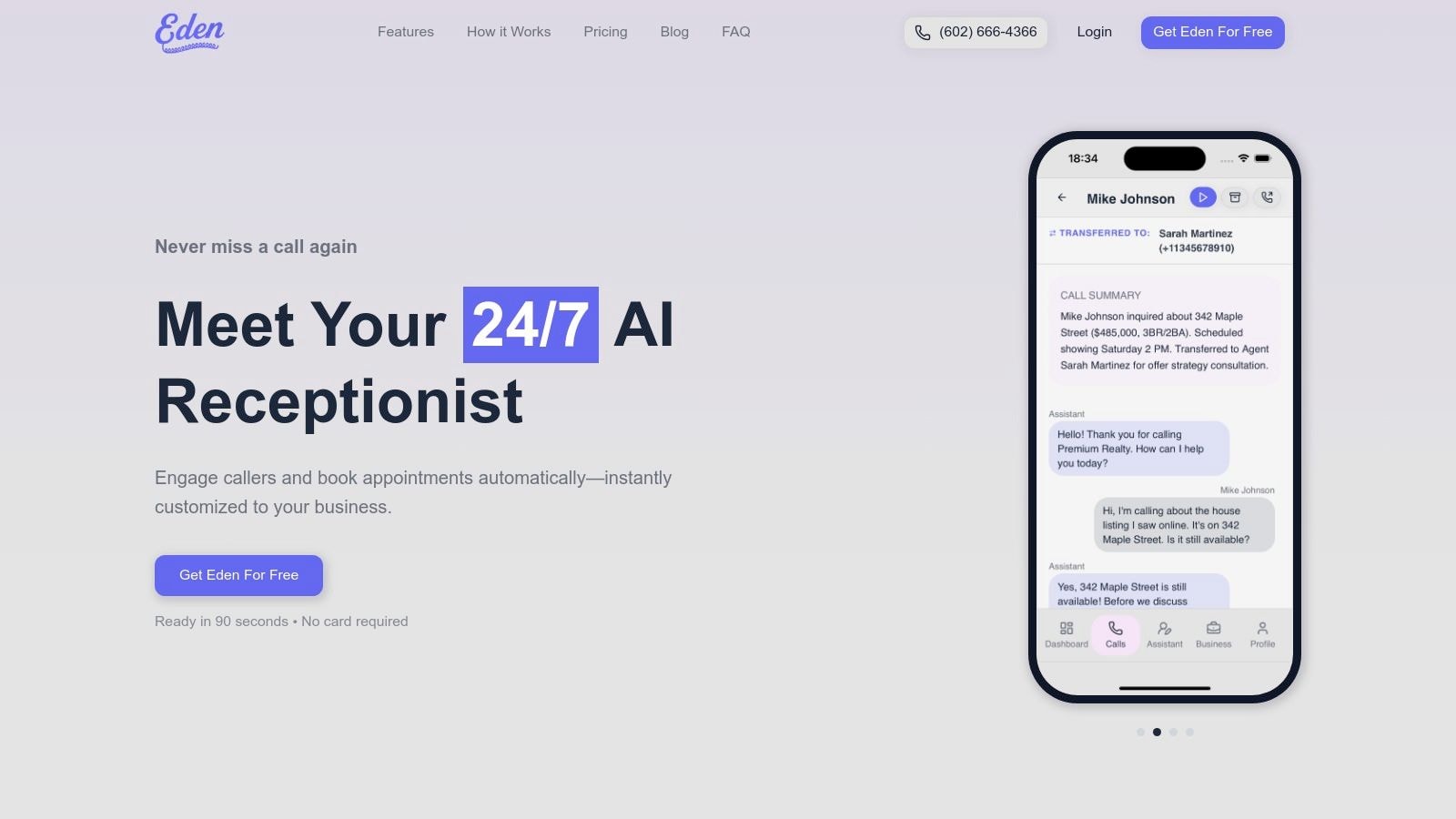 Eden AI receptionist dashboard showing call analytics
