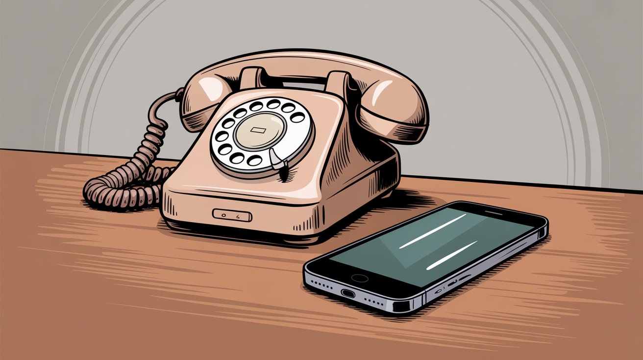 Traditional rotary desk phone next to modern smartphone showing the technology gap and superiority of mobile devices
