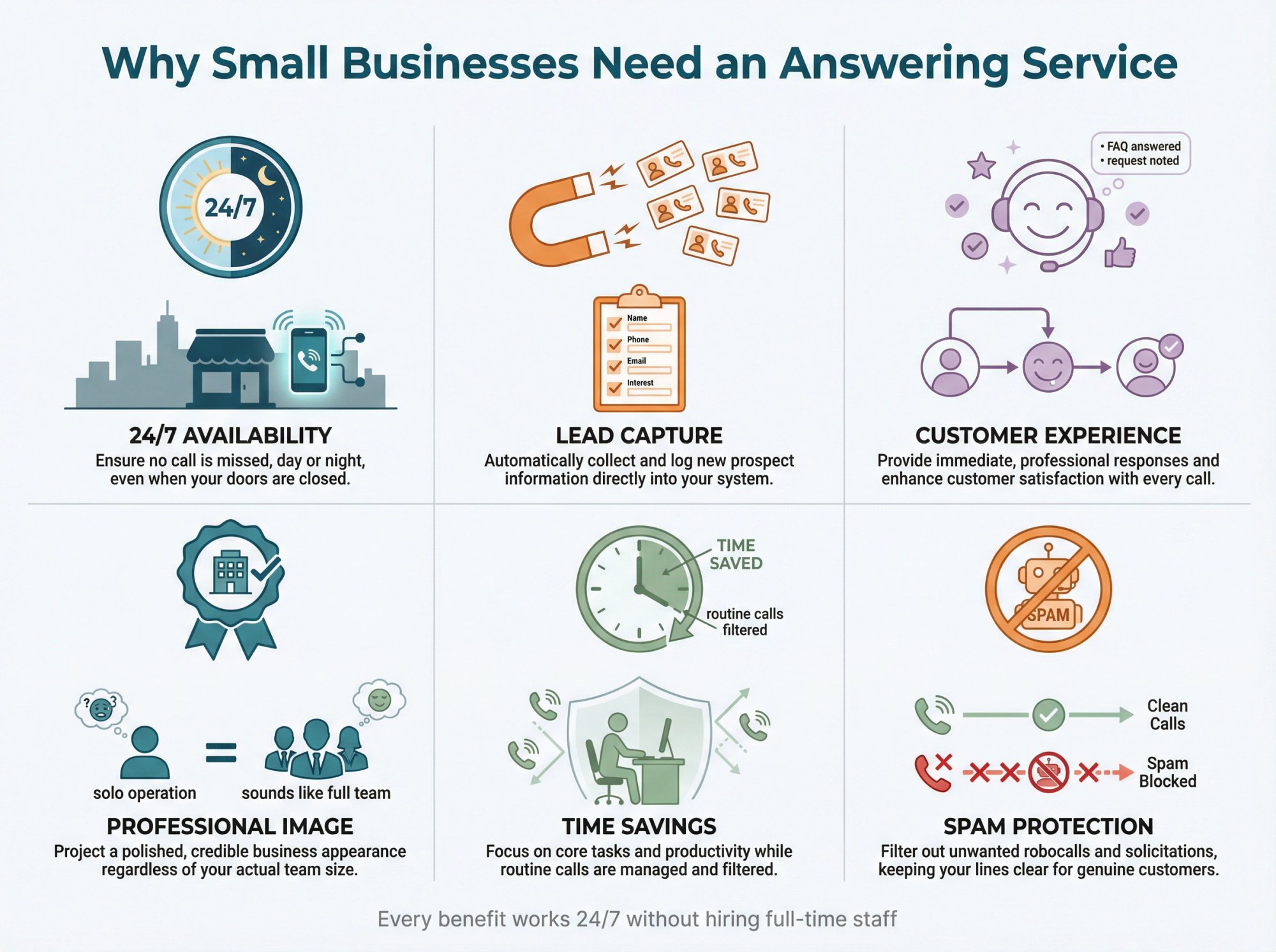 Visual breakdown of six key benefits answering services provide to small businesses including 24/7 availability and professional image