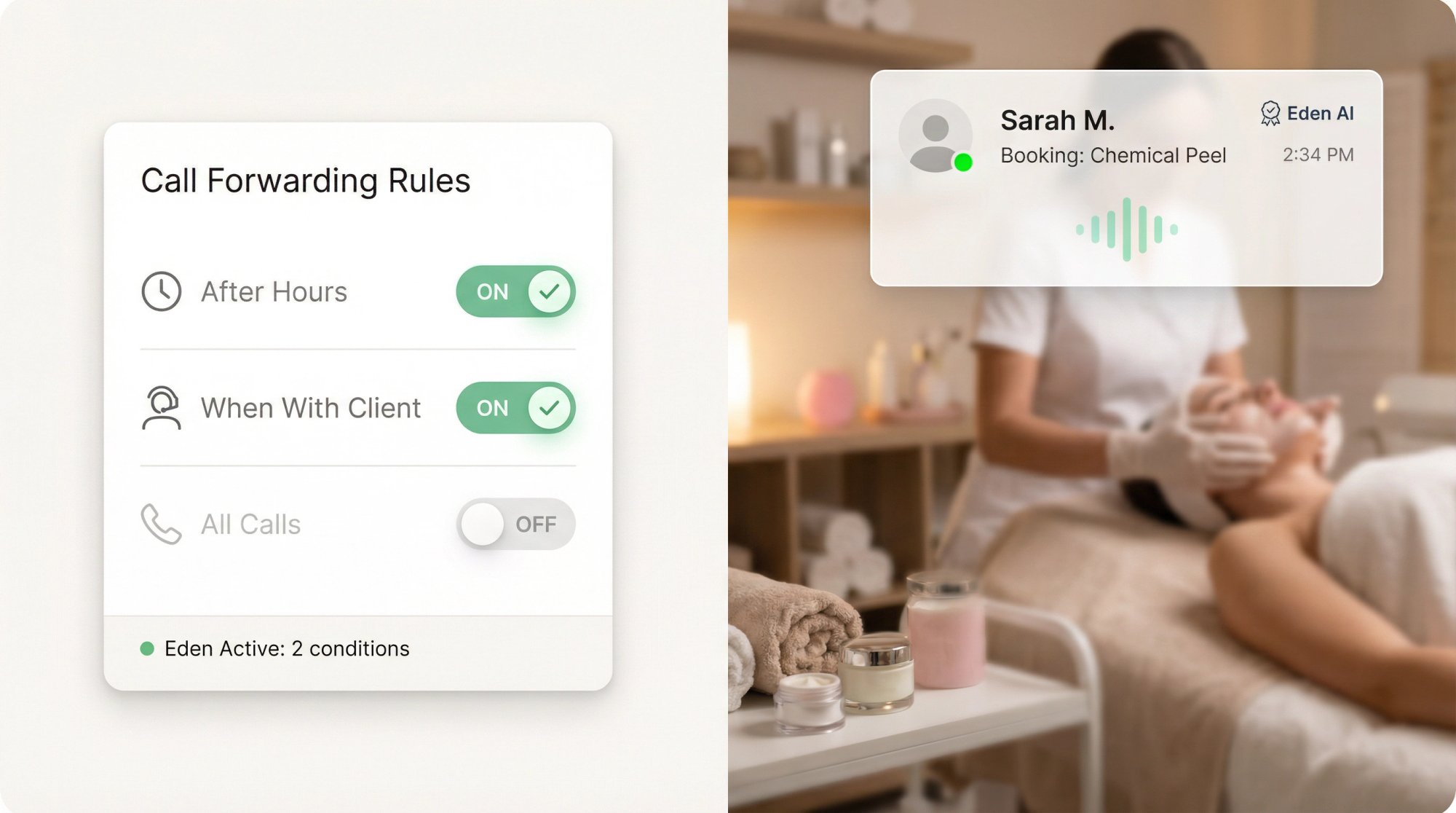 Split-screen showing conditional call forwarding dashboard and AI handling calls during client sessions
