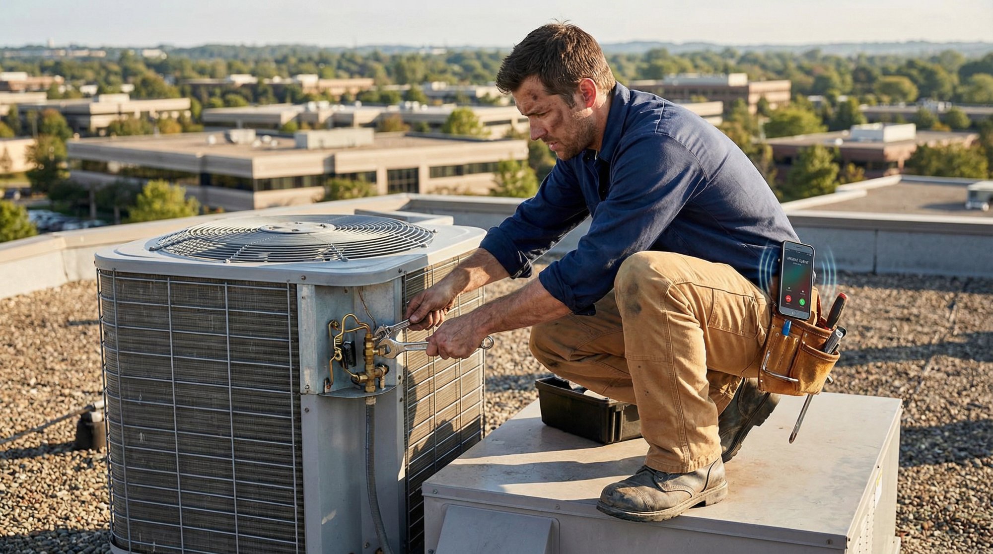 HVAC technician working on rooftop equipment while a phone rings unanswered in their tool belt