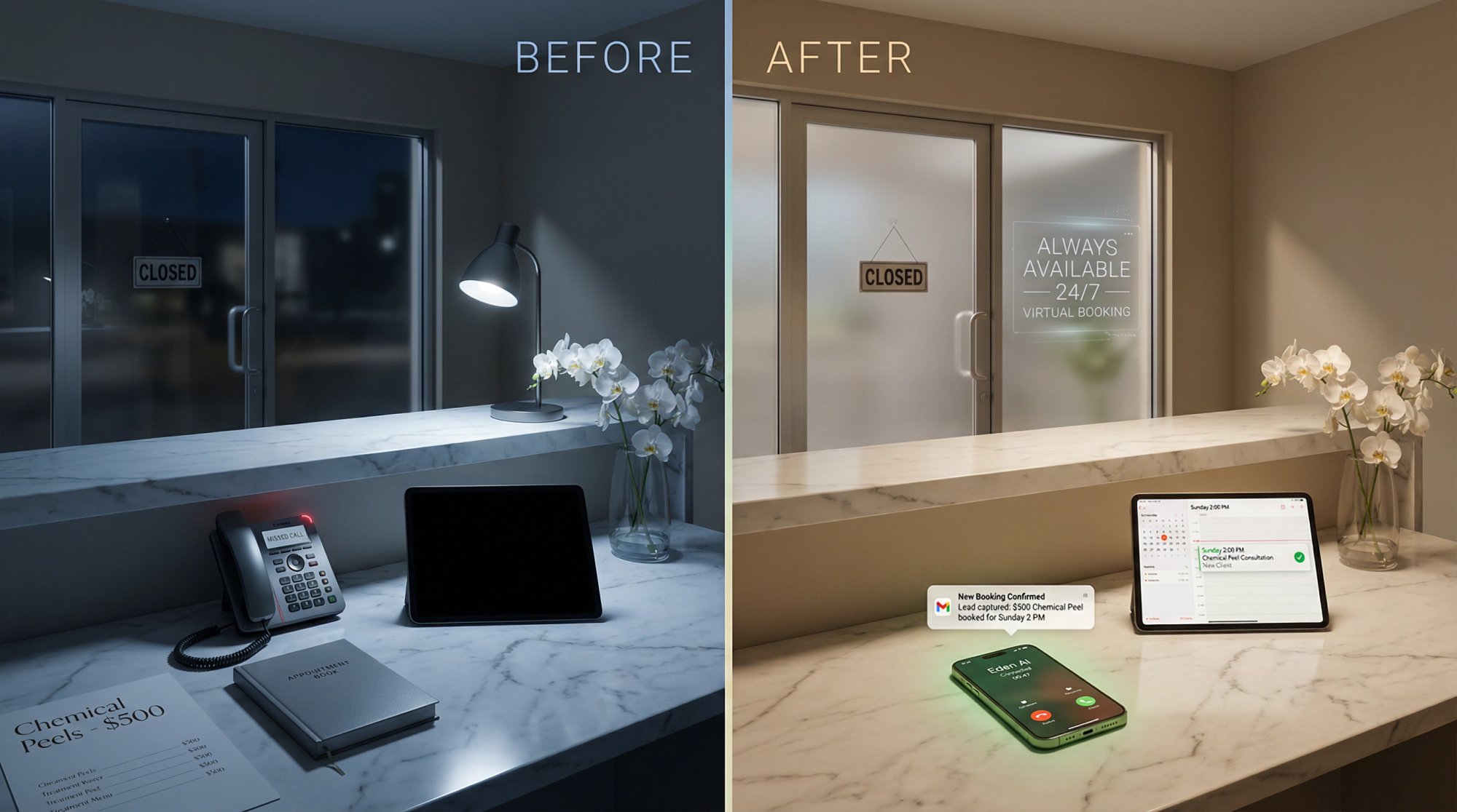 Split-screen comparison showing missed spa call going to voicemail versus AI receptionist answering after hours