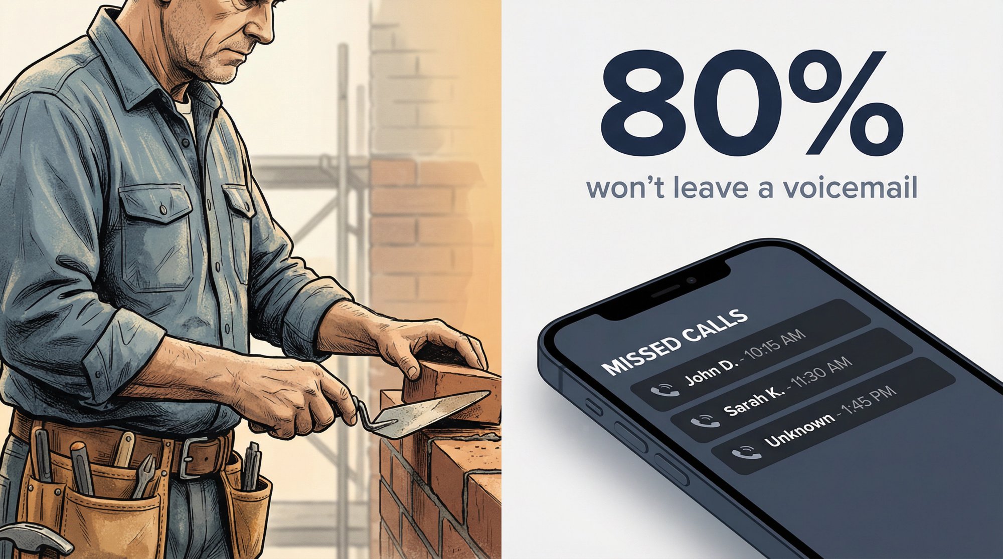 Small business owner on a job site with missed call notifications on phone screen and 80% stat overlay showing lost leads