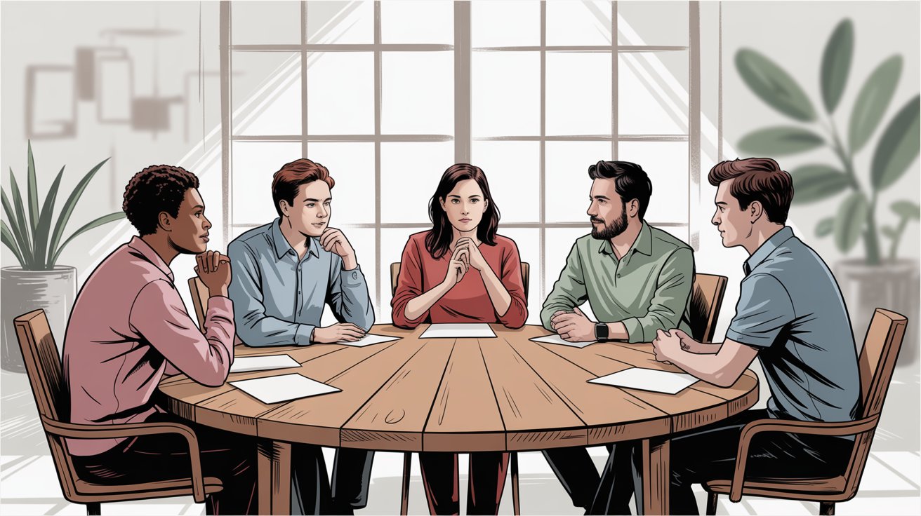 Diverse team engaged in collaborative meeting discussion around conference table in modern office