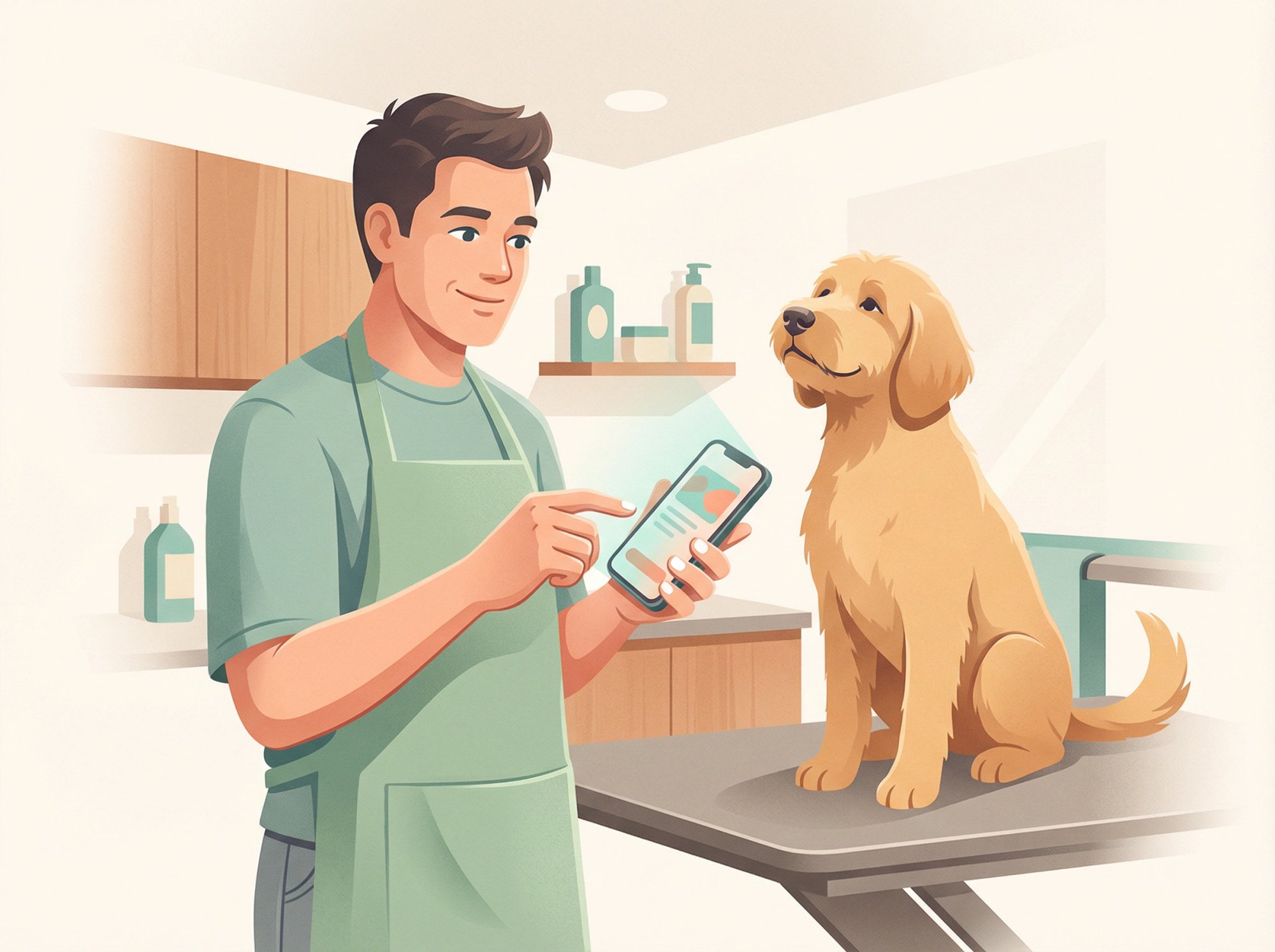 Pet groomer confidently reviewing AI receptionist options on tablet in modern salon with friendly dog