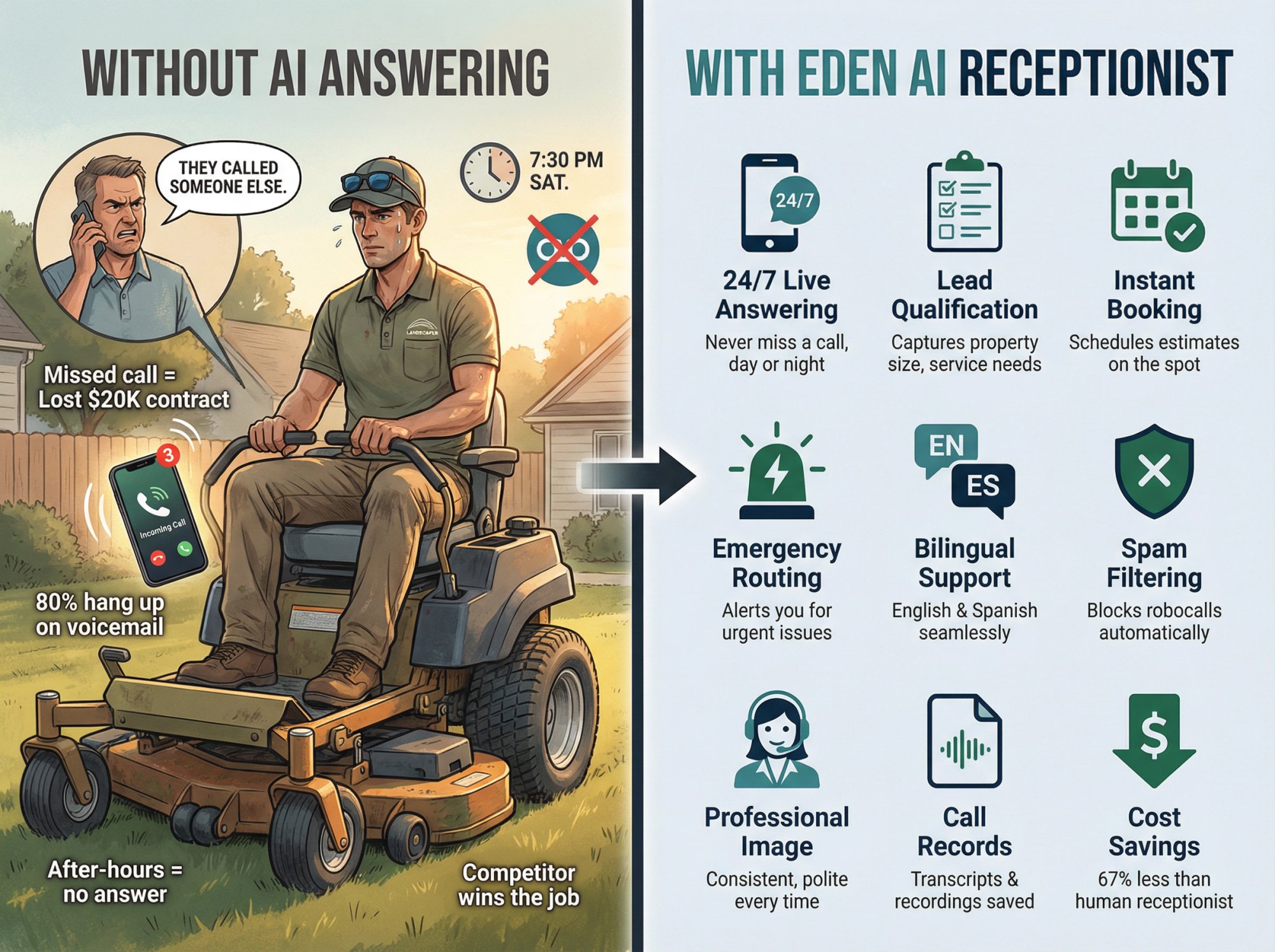 Split comparison showing landscaper's challenges with missed calls versus AI receptionist benefits including 24/7 answering and automated booking
