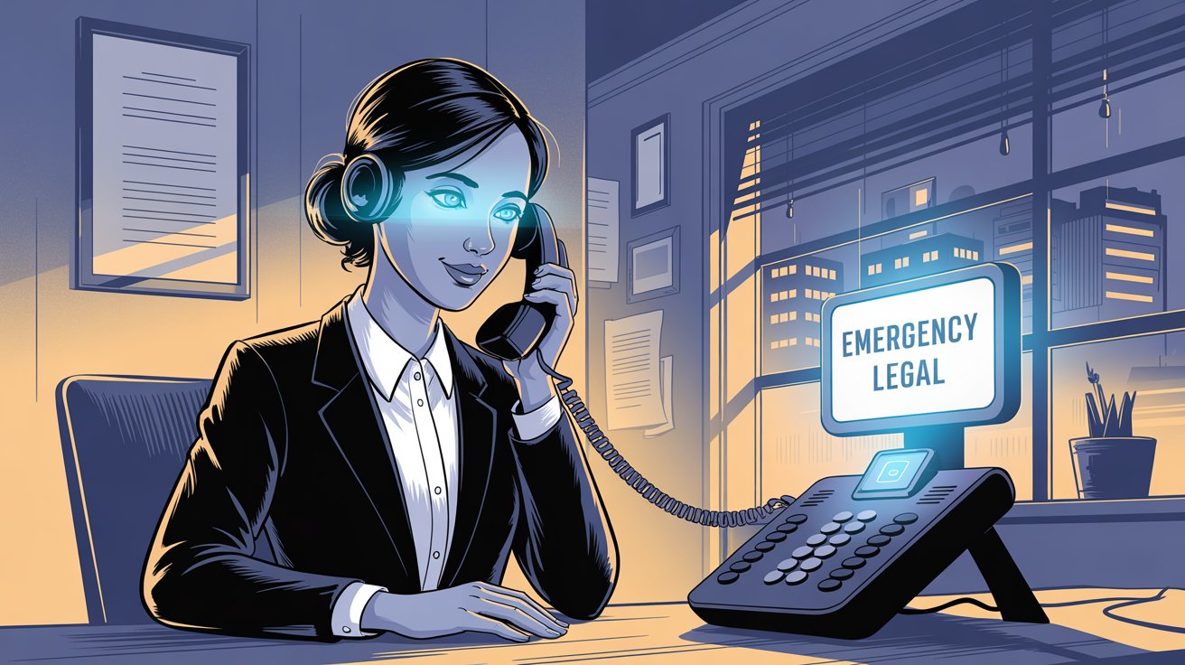 AI receptionist handling an emergency legal call at night with 24/7 availability