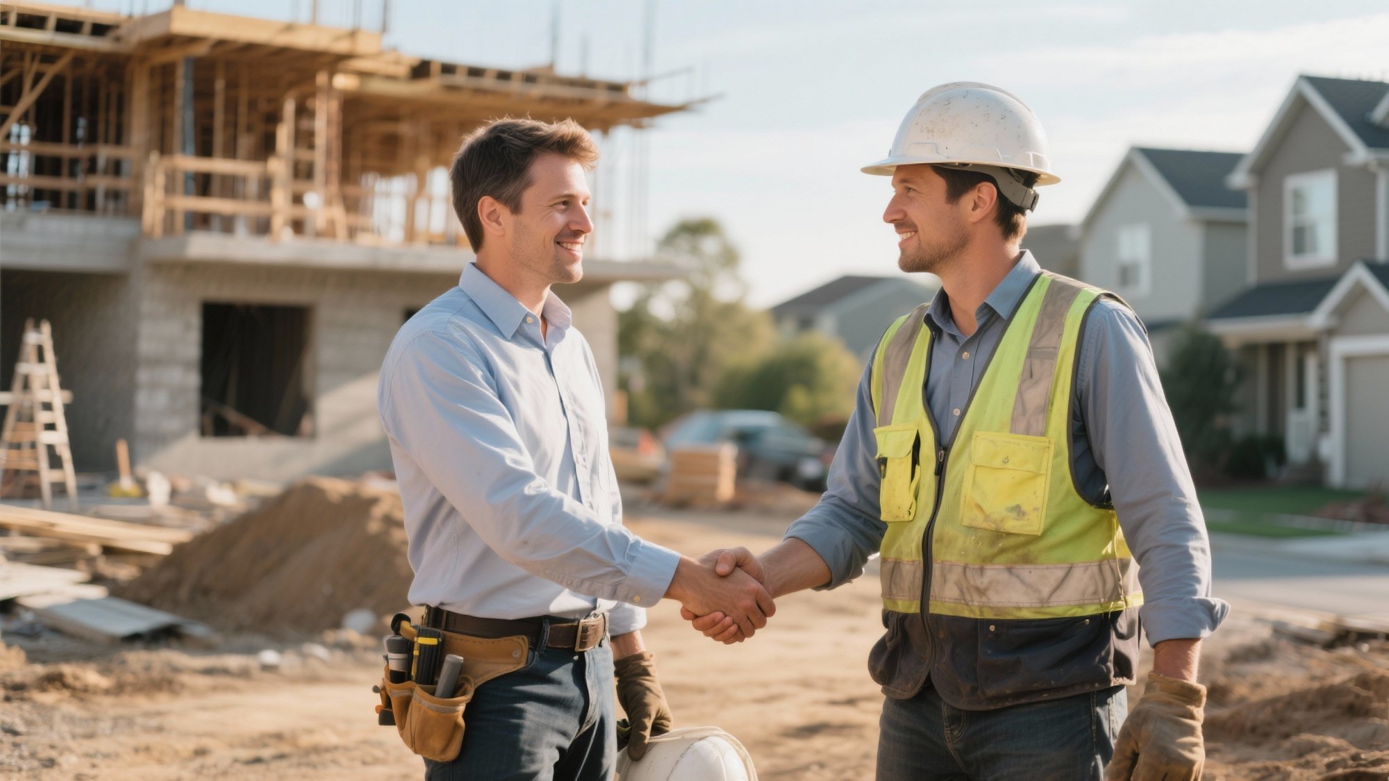 Two contractors shaking hands at construction site, representing professional business partnerships and referral networks