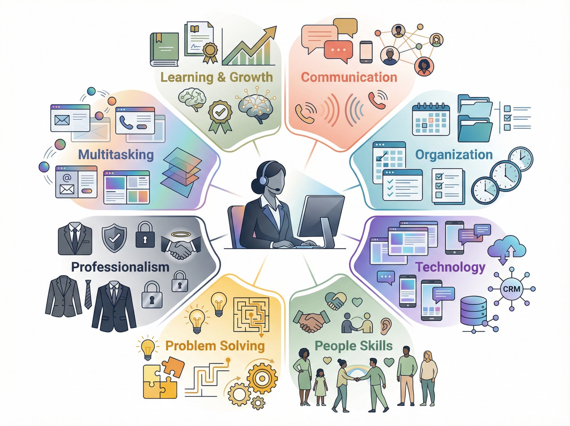 Editorial illustration showing the multifaceted skill set required for exceptional receptionist performance