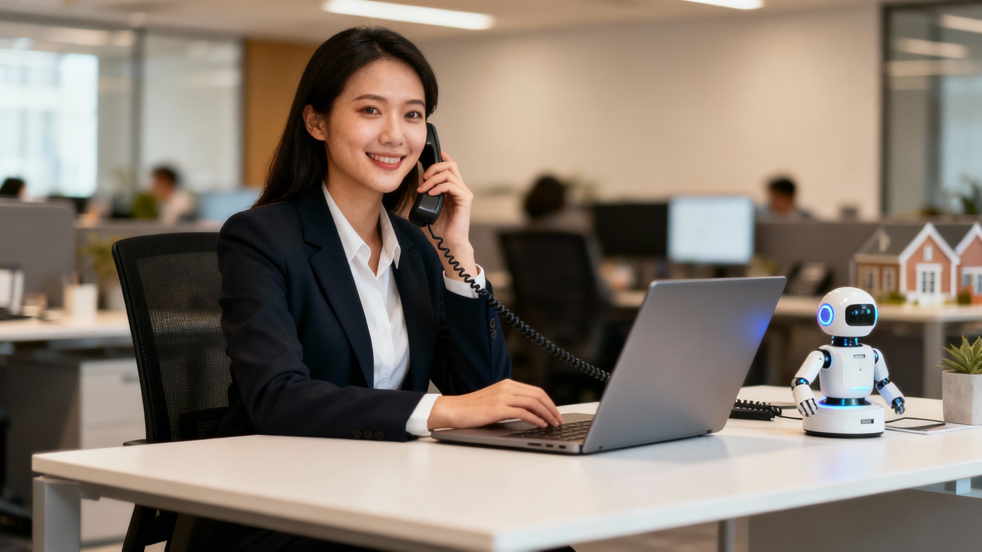 Professional real estate agent successfully using AI receptionist technology in modern office