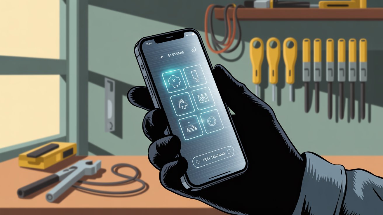 Hand-drawn illustration of electrician holding smartphone with AI phone assistant app in workshop setting surrounded by electrical tools and equipment