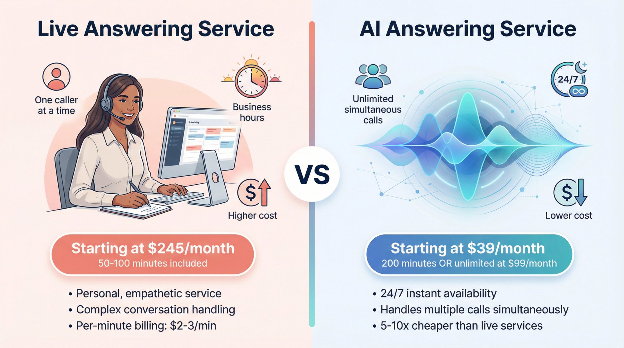 Side-by-side visual comparison showing live answering service agents versus AI receptionist technology with cost and scalability differences