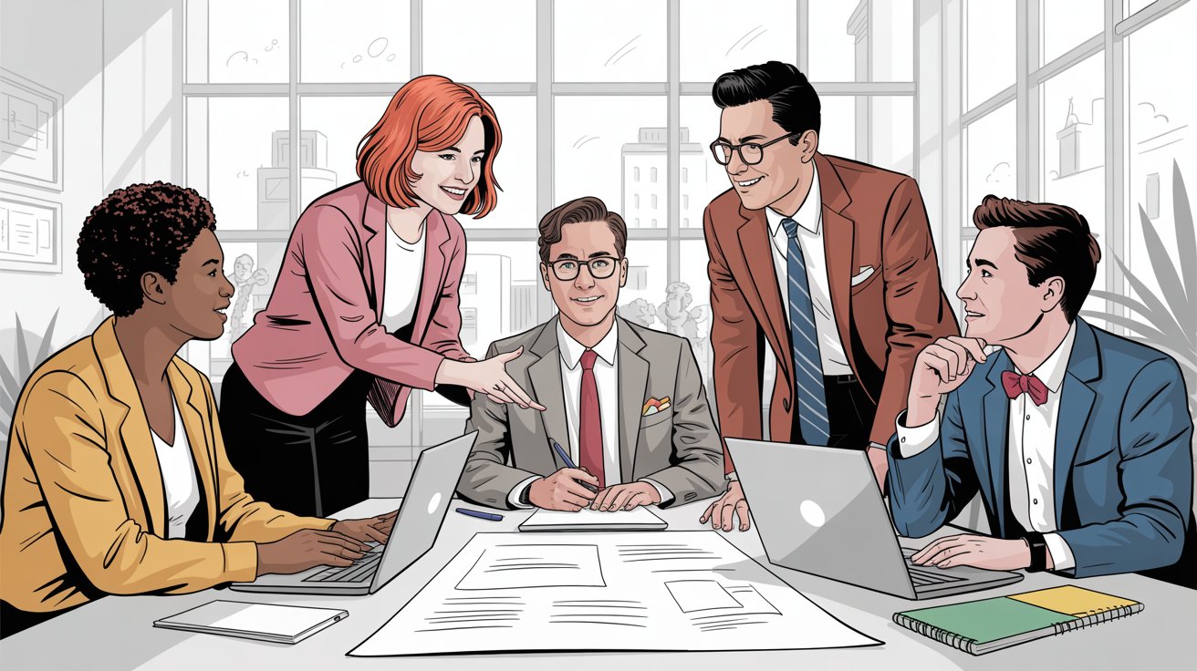 Diverse team members collaborating around conference table with inclusive discussion atmosphere