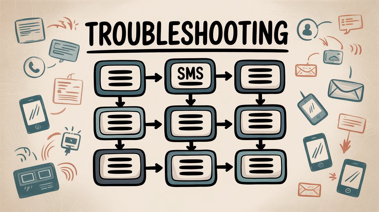 Troubleshooting flowchart diagram for SMS delivery problems showing decision tree with common issues