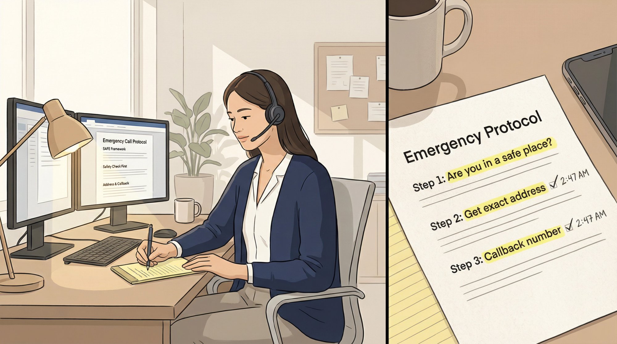 Professional receptionist handling emergency call with structured script checklist, demonstrating calm competence during crisis communication