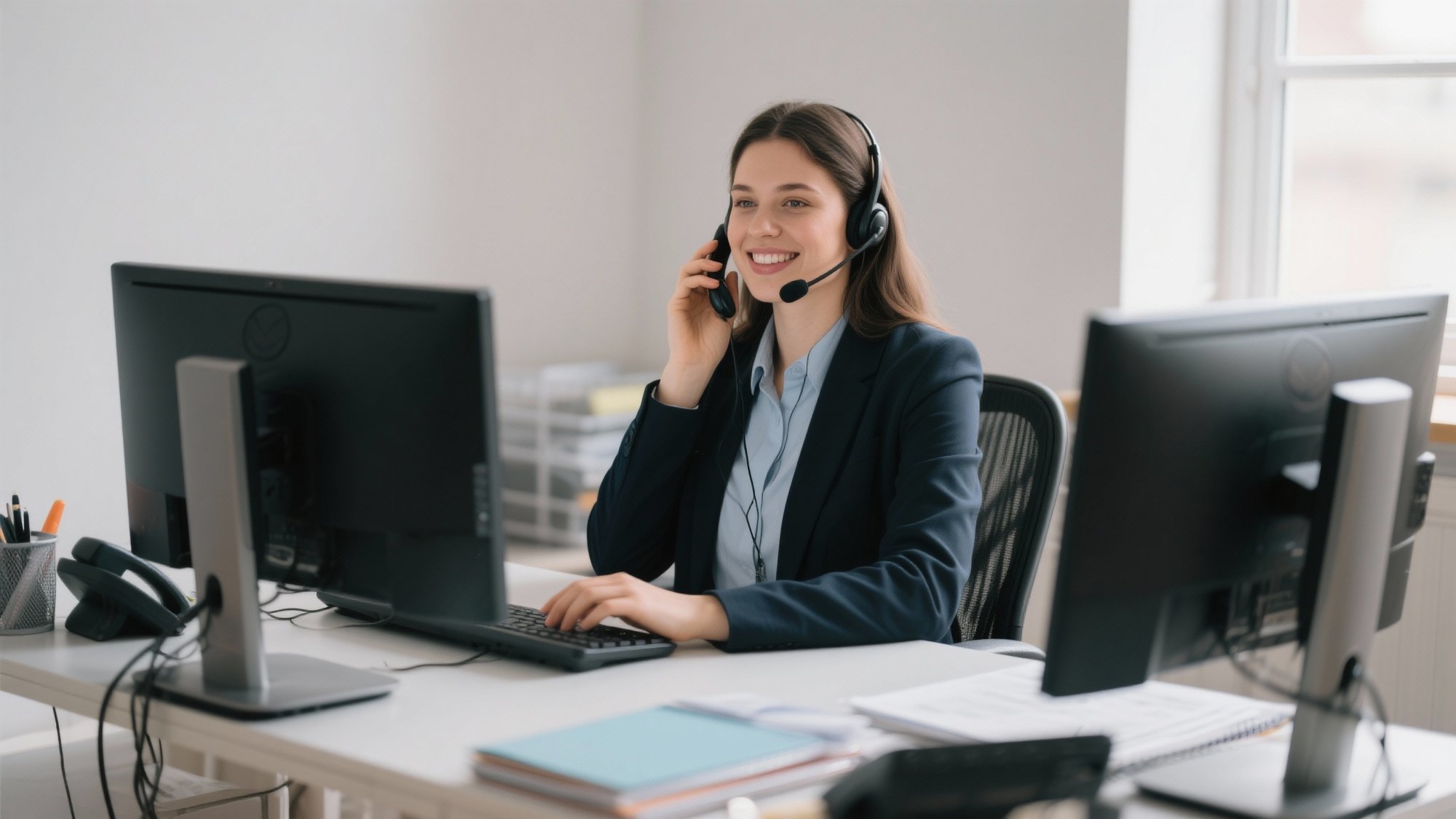 Professional remote receptionist wearing headset working from home office