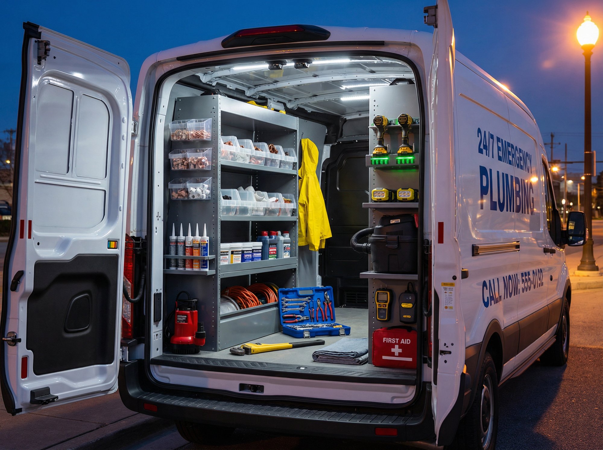 Well-organized emergency plumbing service van with visible equipment shelving and professional branding