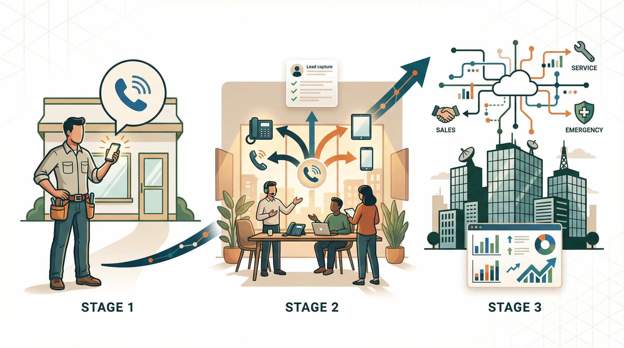 Three-stage business phone setup journey from solo operator to small team to multi-location company