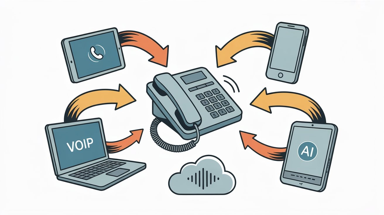 Professional illustration showing call forwarding concept - central desk phone with arrows connecting to smartphone, tablet, laptop VoIP system, and AI service cloud