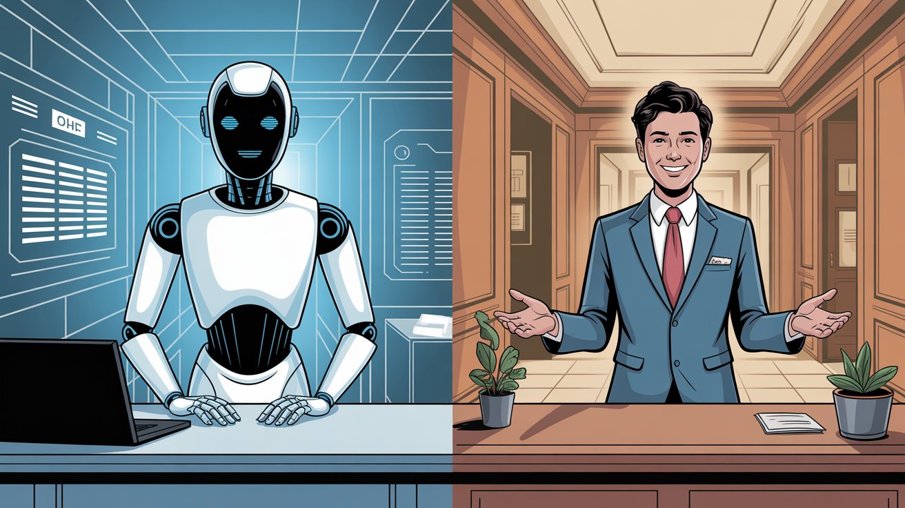 Split comparison showing AI receptionist with modern digital interface versus traditional human receptionist in office setting