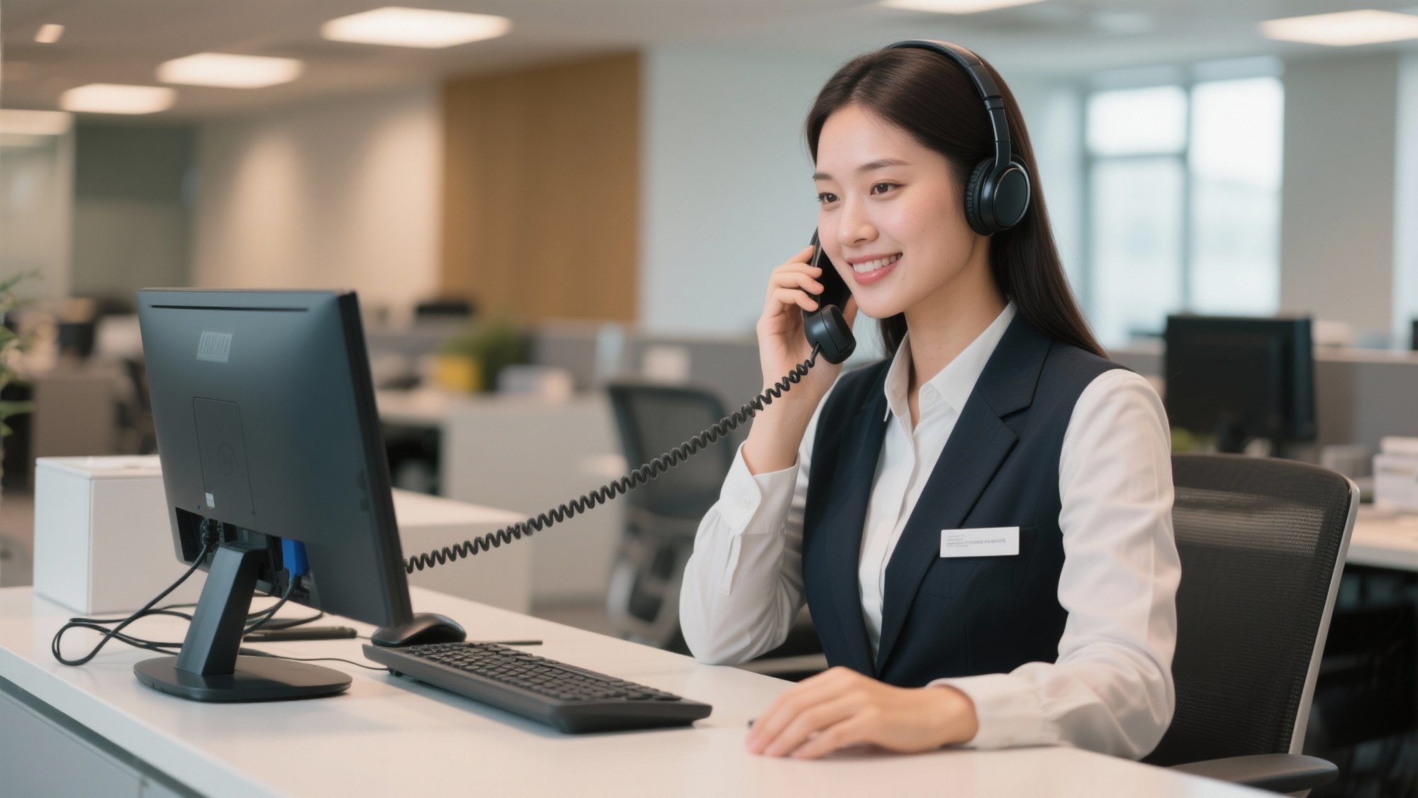 Professional receptionist in modern office setting answering phone call with headset and computer, demonstrating the human element of legal answering services