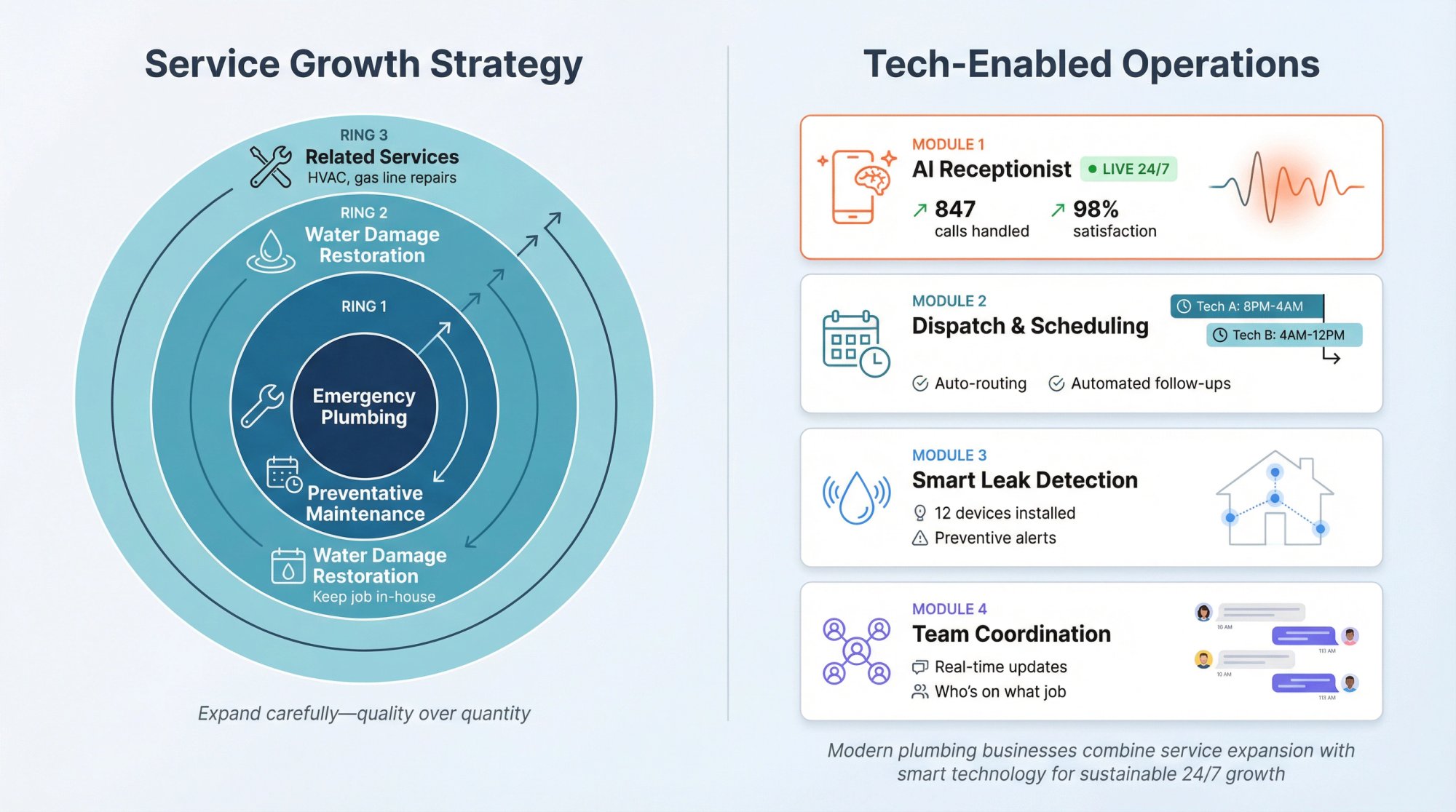 Dashboard visualization showing how plumbing businesses use AI receptionists, dispatch software, and smart technology to scale 24/7 operations