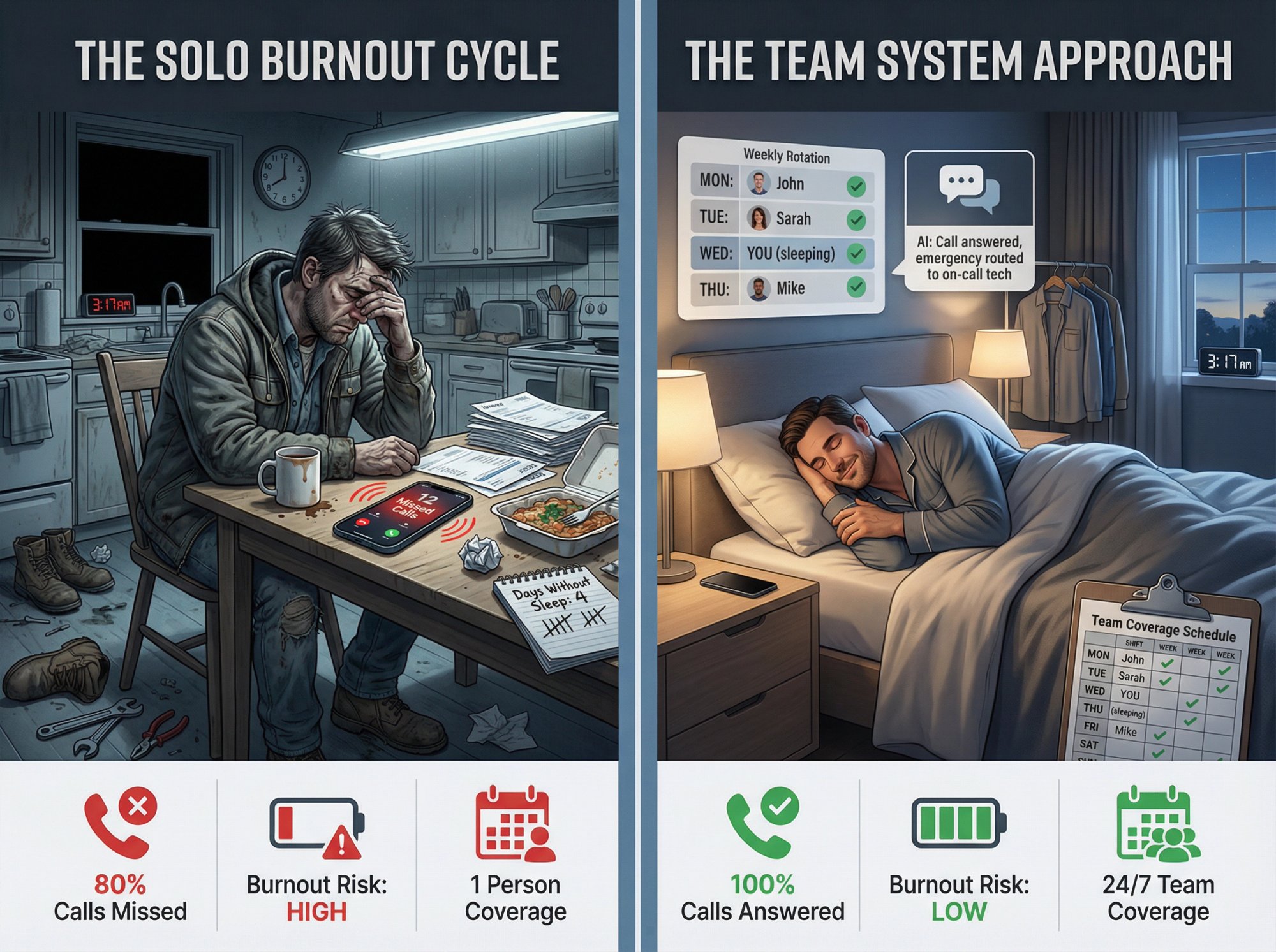 Split-screen comparison showing exhausted solo plumber missing calls versus organized team with rotation schedule and AI answering system