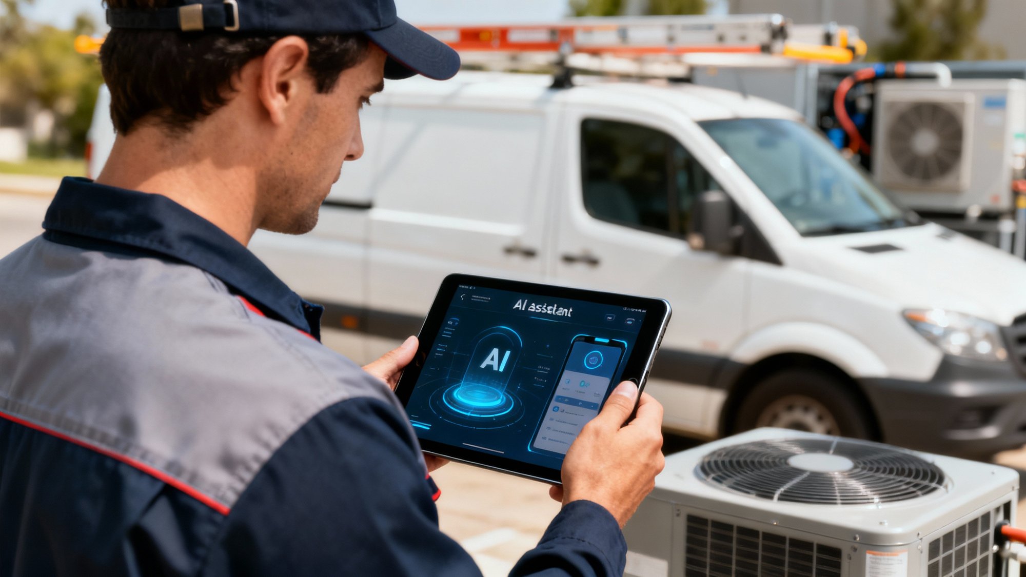 Professional HVAC technician reviewing AI assistant interface on tablet at job site with service van and equipment