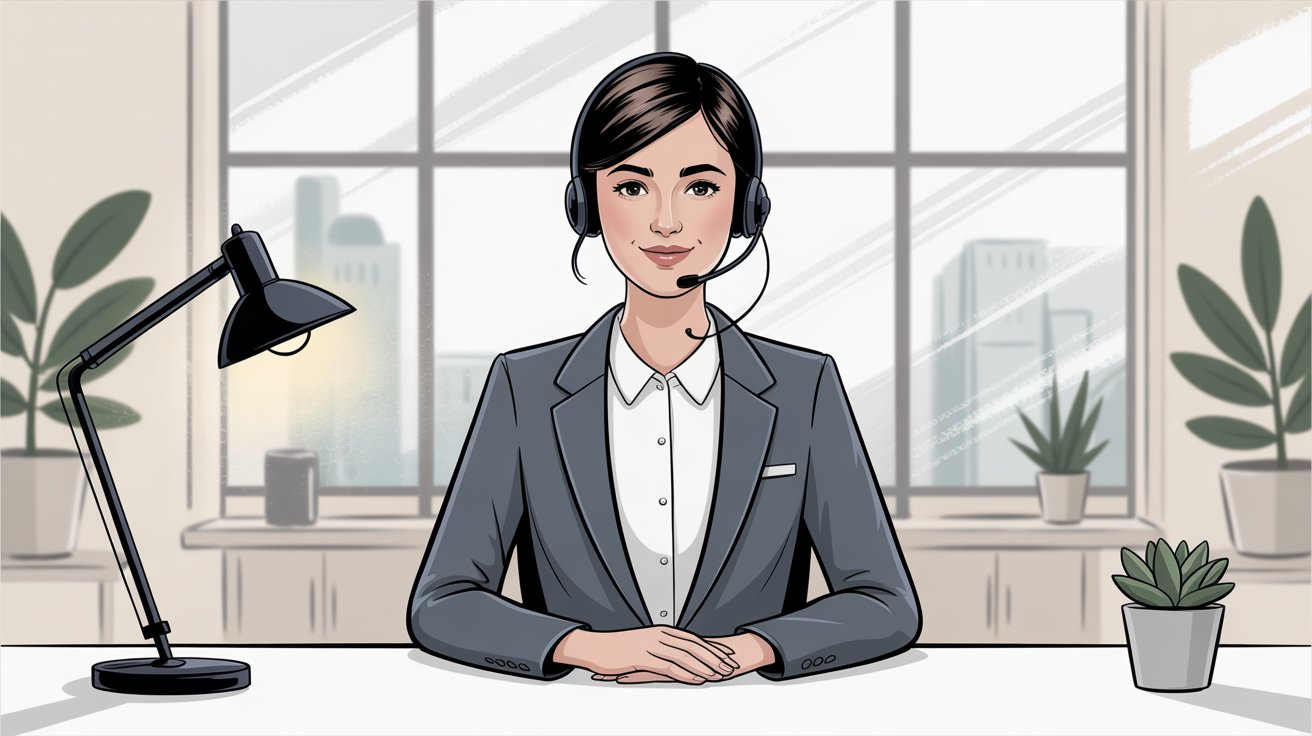 Professional receptionist with headset at modern desk representing Ruby Receptionists' human-powered call answering service with 24/7 coverage and personalized customer care