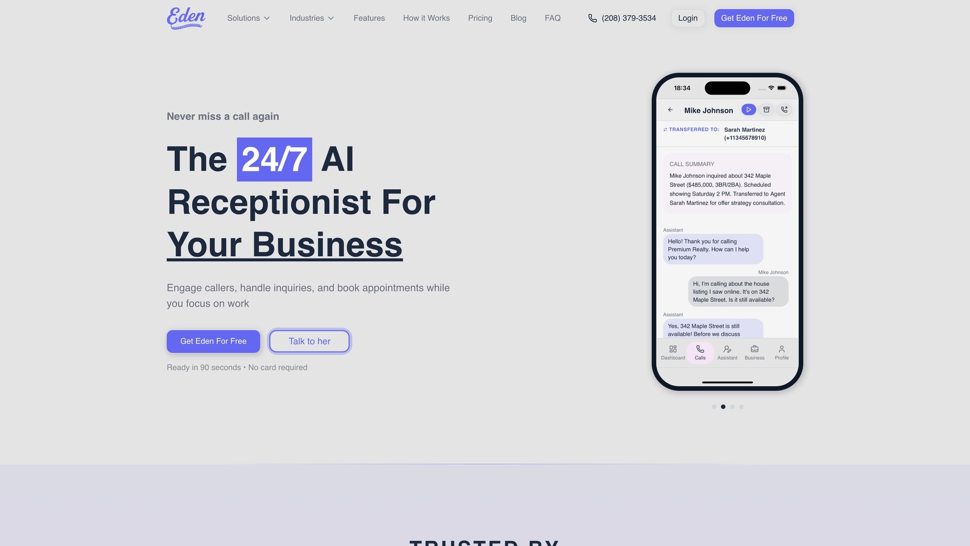 Eden AI receptionist homepage showing 24/7 call answering and lead capture dashboard