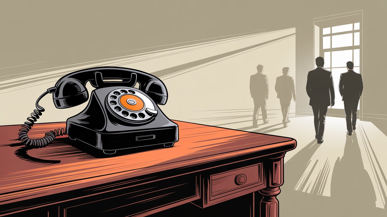 Unanswered office phone on desk with business professionals walking away in background, illustrating lost opportunities from missed calls