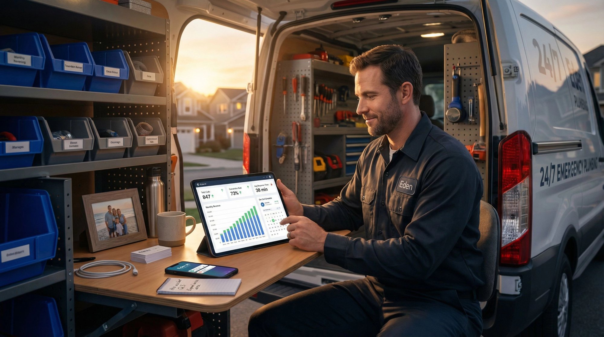 Solo plumber reviewing business growth dashboard on tablet in organized service van, showing scalable after-hours plumbing operation from startup to thriving enterprise