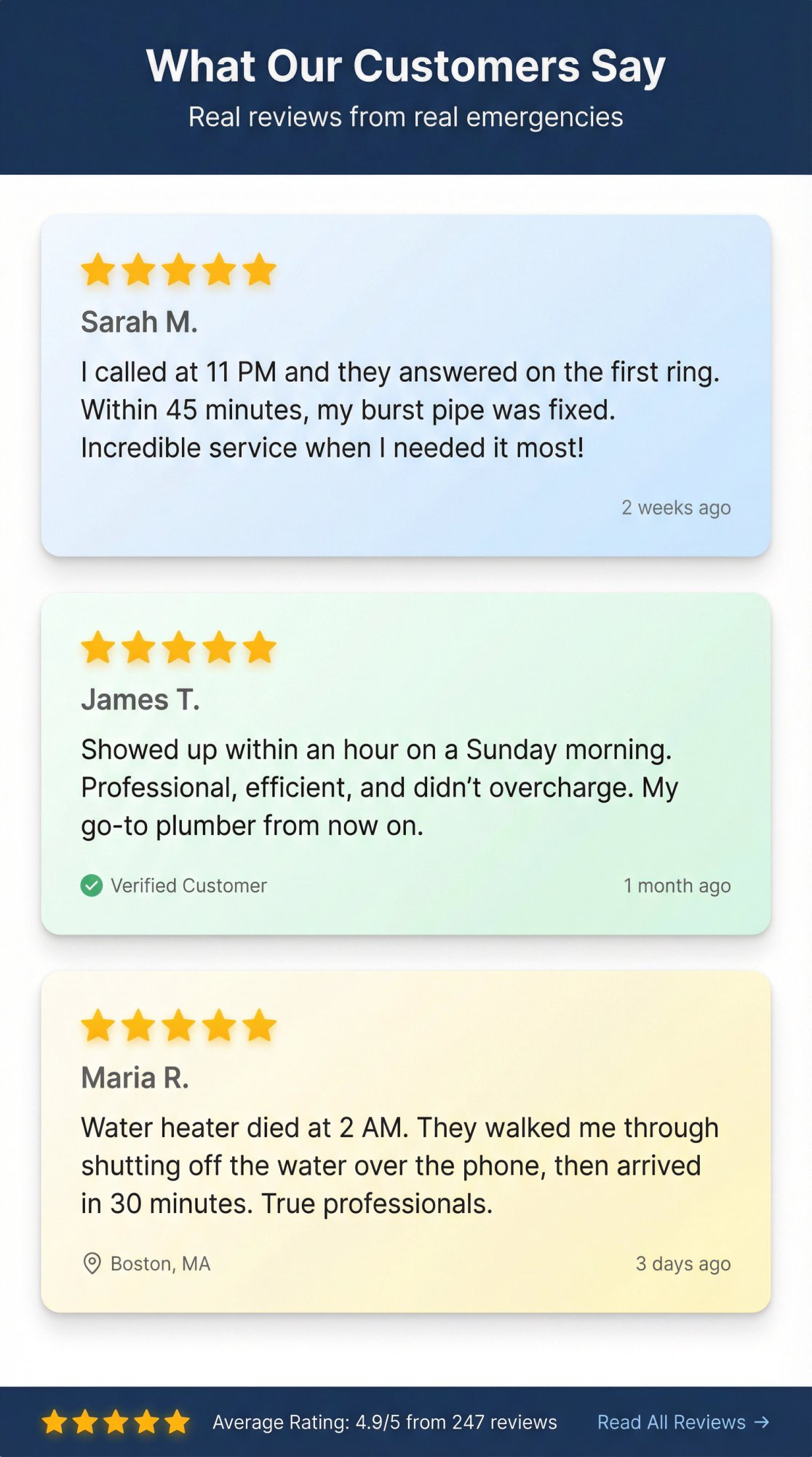 Customer testimonial showcase displaying authentic 5-star reviews from late-night emergency plumbing clients