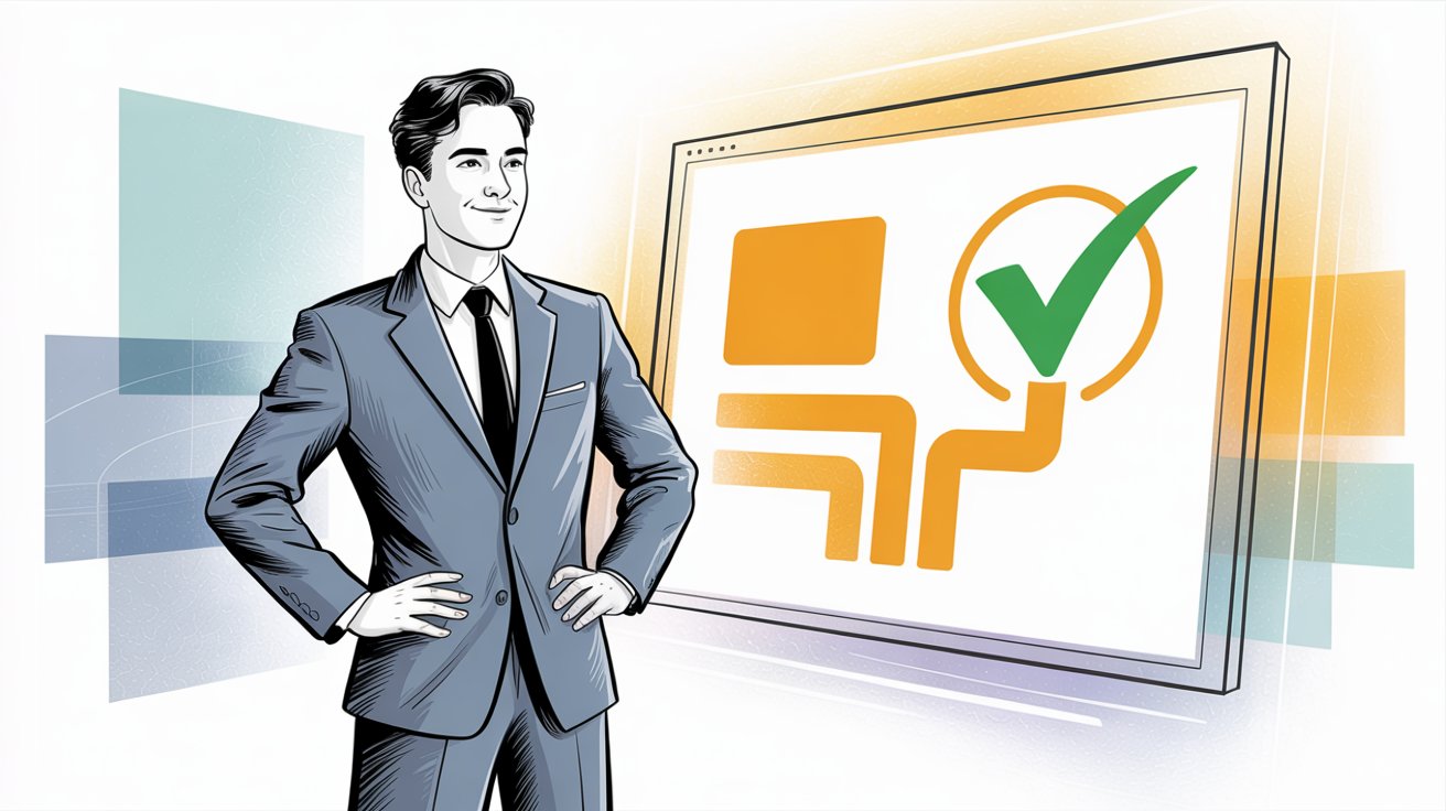 Confident business professional making a successful decision about AI receptionist service selection shown through a visual representation of choice confirmation and positive outcome