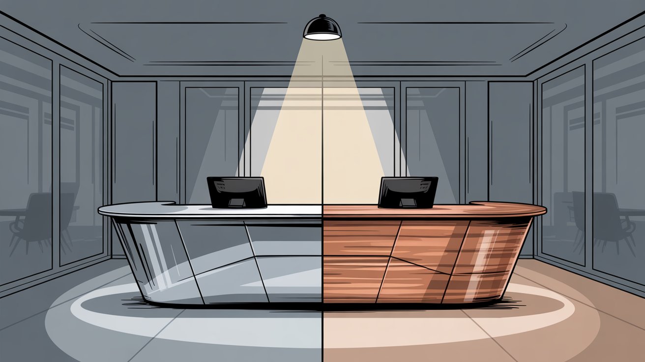 Modern reception desk split-view comparison showing hybrid AI and pure AI receptionist approaches represented by contrasting metallic and warm wood aesthetics