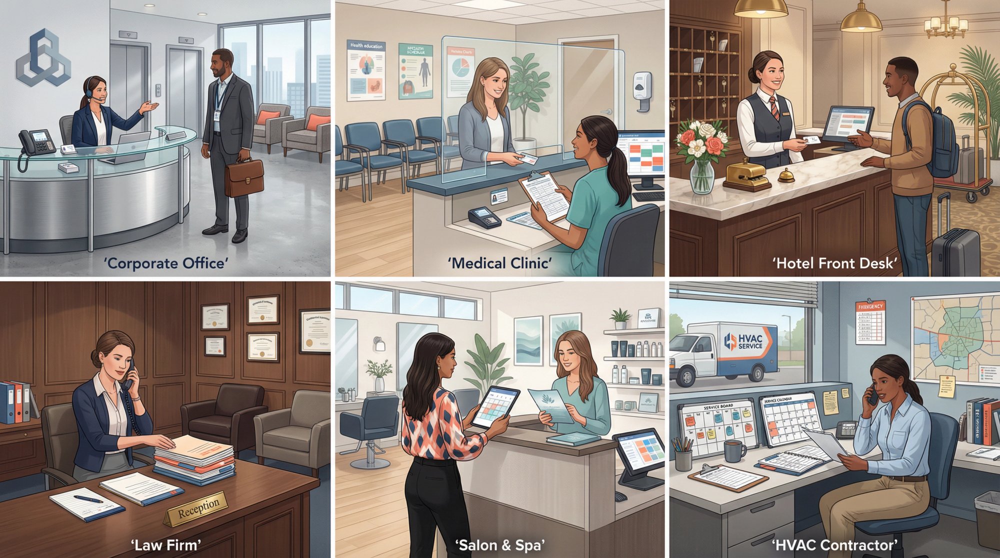 Six illustrated panels showing receptionists in different industry settings: corporate office, medical clinic, hotel, law firm, salon, and HVAC contractor
