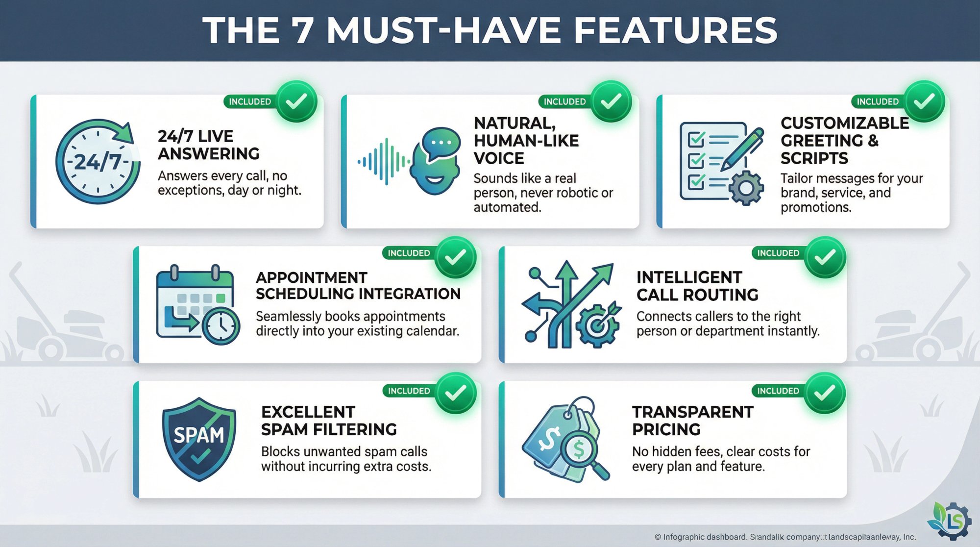 Seven must-have features for choosing an AI receptionist displayed as a modern checklist dashboard with icons, descriptions, and check marks