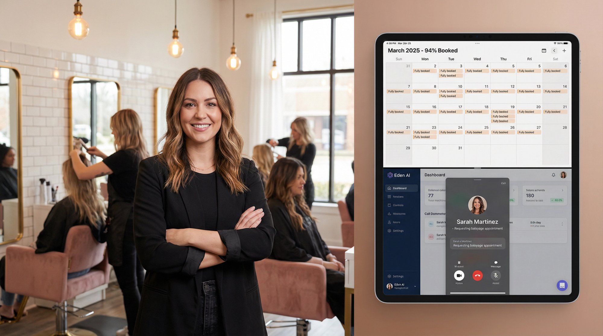 Confident salon owner managing thriving business with full calendar and seamless phone handling via Eden AI