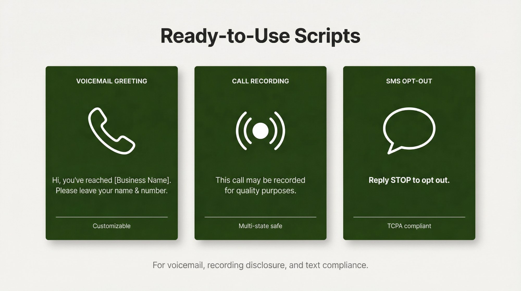 Three business phone script cards: voicemail greeting, call recording disclosure, and automated texting opt-out message