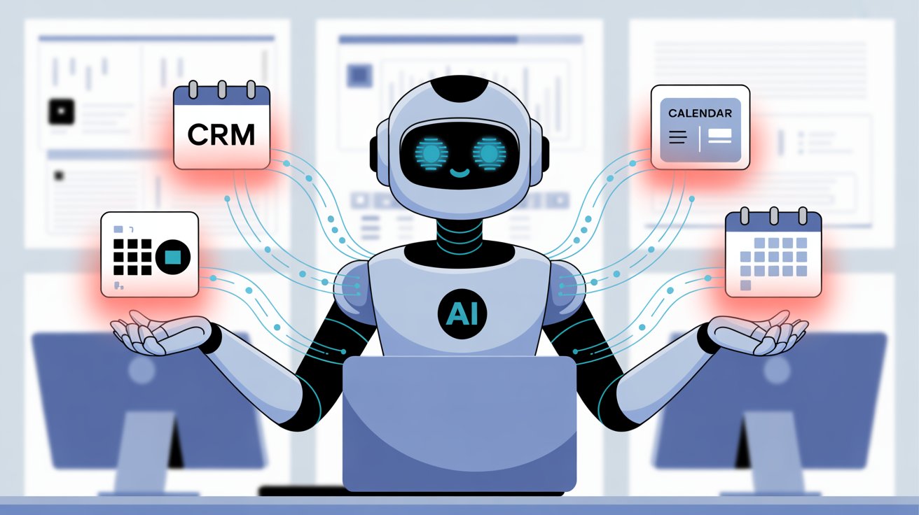Software integration diagram showing AI receptionist connecting to CRM and scheduling systems