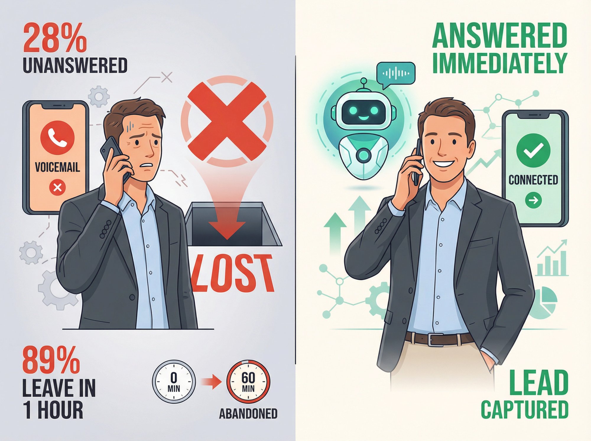 Split comparison showing frustrated caller abandoning voicemail versus customer successfully reached by live answer within 1 hour