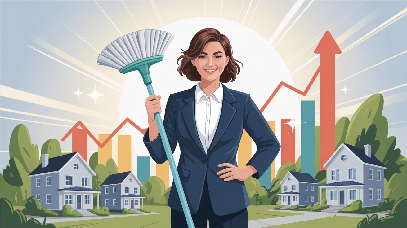 Professional cleaning business owner holding mop with growth charts and residential homes in background, symbolizing business success and client acquisition