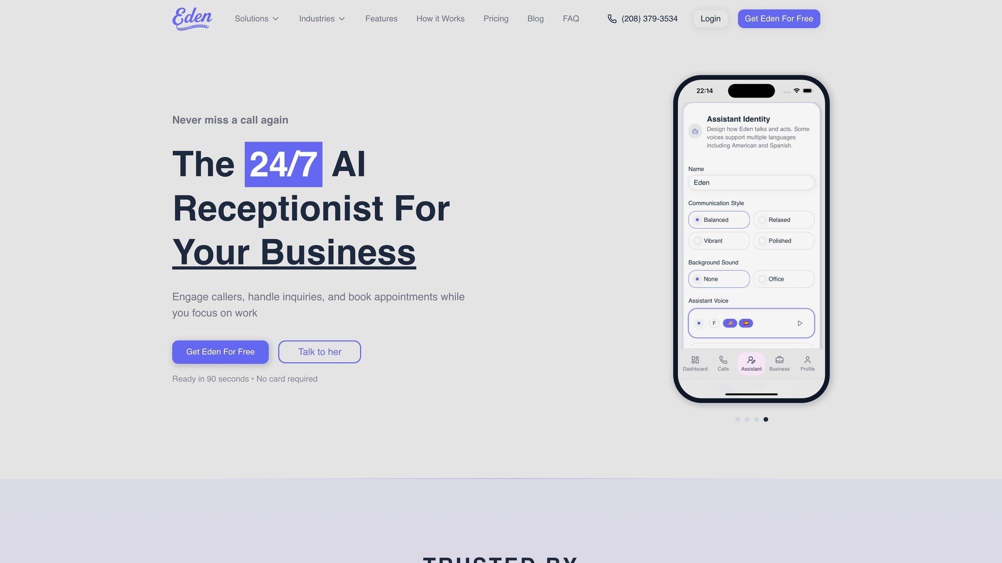 Eden AI receptionist platform homepage showing 24/7 call answering and SMS notification features