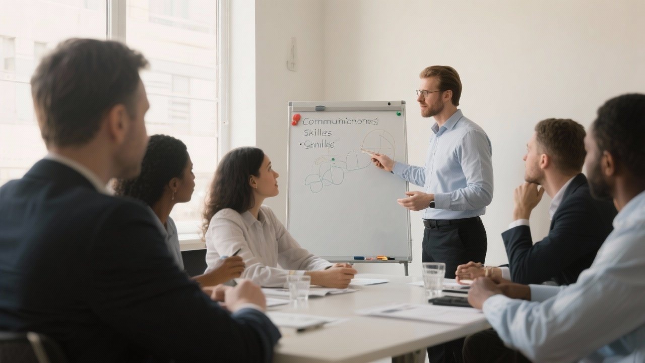 Professional team engaged in communication skills training workshop with instructor at whiteboard