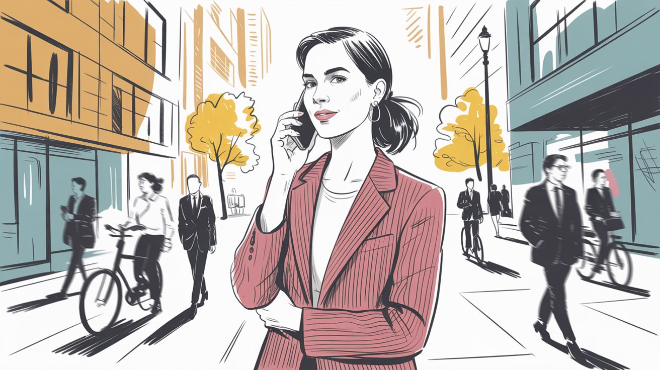 Business professional confidently taking phone call on smartphone while mobile outdoors, illustrating freedom from desk phone